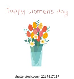 Bouquet of spring flowers in a vase with lettering Happy women's day in flat style for greeting card, poster.