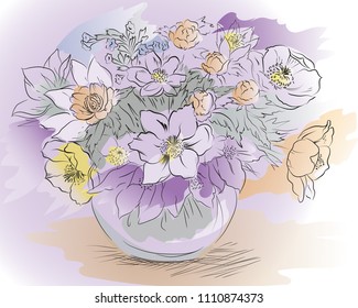 Bouquet of spring flowers in a vase on a colored background. Vector illustration.