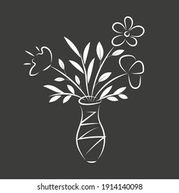 Bouquet of spring flowers in a vase, white silhouette on a black background