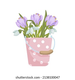 Bouquet of spring flowers in vintage bucket.Cartoon vector graphic.