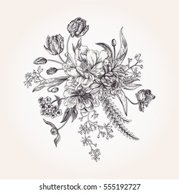 Bouquet of spring flowers in vintage style. Black and white. Design element.