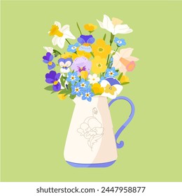 Bouquet of spring flowers in white vase jug isolated on green background. Cute seasonal garden botanical vector illustration for cover, picture, card, poster