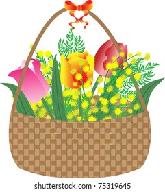 A bouquet of spring flowers in a wicker basket