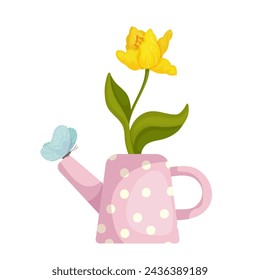 A bouquet of spring flowers of a yellow tulip in a vintage vase, garden watering can. Vector graphics.