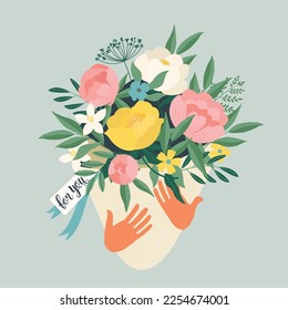 Bouquet of spring fresh flowers wrapped in gift paper in hands. Beautiful lush roses for Mother's Day. Holiday floral decor. Hand-drawn Vector set. Colorful isolated illustration