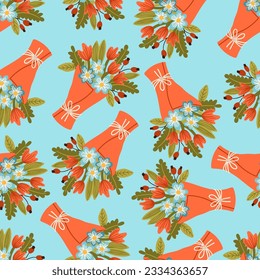 Bouquet of spring fresh flowers wrapped in gift paper vector seamless pattern. Beautiful lush flowers for Mother's Day, valentines day Romantic texture background