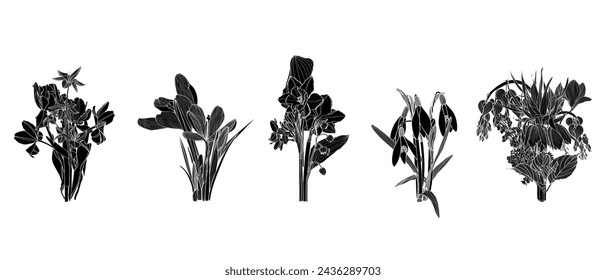 Bouquet of spring line flowers. Big Set. Vintage flowers in engraving style. 