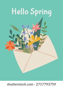 Un ramo de flores de pradera de primavera dentro de un sobre. Diseño plano. Plantilla de tarjeta de felicitación de moda.
