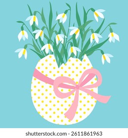 Bouquet of spring snowdrops, easter egg, ribbon bow, vector holiday vintage illustration in pastel colors. 