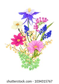 Bouquet of spring, summer flowers. Colorful realistic vector illustration. Isolated on white background.