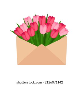 Bouquet of spring tulips in envelope. International Women's Day. Happy mother's day. Vector illustration