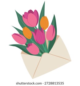 Un ramo de tulipanes de primavera en un sobre. Una opción elegante para felicitaciones.