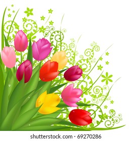Bouquet From Spring Tulips, Isolated On White Background, Vector Illustration