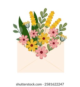 Bouquet of spring wild flowers in envelope. Flowers in flat style. Design element for banner, greeting card, flyer, poster. Vector illustration