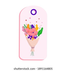 Bouquet of spring wild and garden blooming flowers with other decor elements isolated on white background. Flat design. Valentine's day Hand drawn trendy vector greeting card.