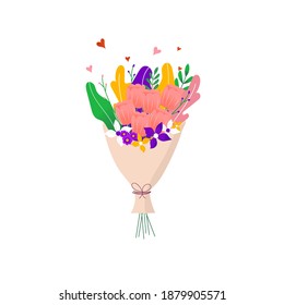 Bouquet of spring wild and garden tulip blooming flowers with other decor elements isolated on white background. Flat design. Paper cut style. Hand drawn trendy vector greeting card.