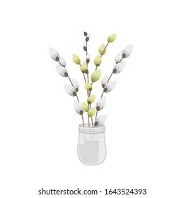 Bouquet of spring willow in a jar with water.