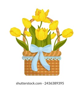 Bouquet of spring yellow tulip flowers in a vintage wicker basket. Vector graphics.