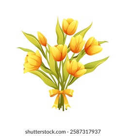 Bouquet of spring yellow tulips. Hand drawn tulips in bunch with bow. Gift for Women's Day, vector illustration