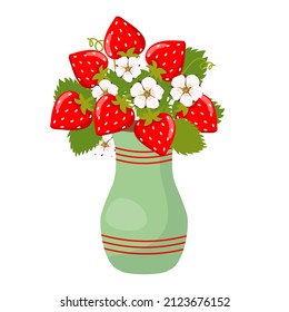 A bouquet of strawberry flowers, leaves and berries in a vase. Vector clipart.