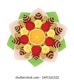 Bouquet of Striped Sweets and Chocolate Covered Candies with Orange Slice in the Middle in Paper Wrap View from Above Vector Illustration