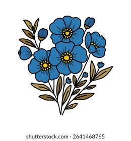 A bouquet of stylized blue flowers with yellow centers and golden leaves, set against a clean white background. Simple, elegant floral design.