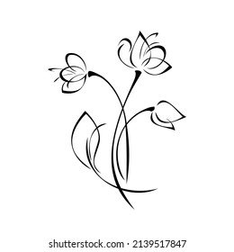 bouquet of stylized flowers on long stems with one leaf in black lines on a white background
