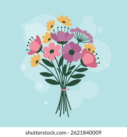 A bouquet of stylized flowers in pink, yellow, and purple hues, tied with a pink ribbon. The arrangement features varied blossom shapes and dark green leaves.