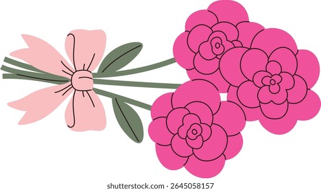 A bouquet of stylized flowers tied with a ribbon in a flat drawing style. Blossoms and leaves are arranged elegantly with a decorative bow. Cartoon vector illustration.
