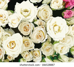 Bouquet of stylized white and pink roses on black background