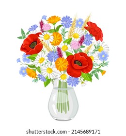 Bouquet of summer flowers in glass transparent vase isolated on white background. Vector illustration of red poppy, daisy, chicory, wild herbs and ears of wheat in cartoon style.