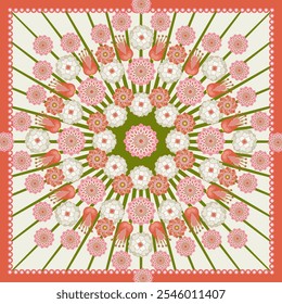 Bouquet of summer flowers illustration. Botanical illustration.  Square floral template.  Silk neckerchief, shawl bandana, handkerchief design.