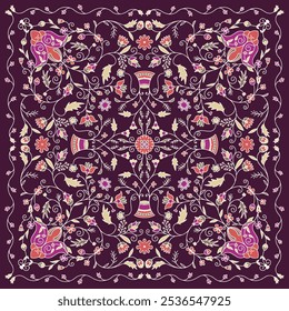 Buquê de flores de verão ilustração.  Ornamento étnico.  Ilustração botânica.  Modelo floral quadrado.  Lenço de seda, bandana de xale, design de lenço.