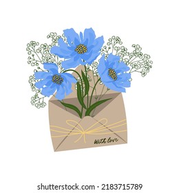 Bouquet of summer flowers inside the envelope. Flat design. Hand drawn trendy vector greeting card.