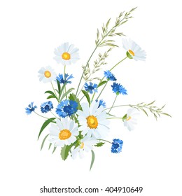 Bouquet of summer wildflowers. Daisies and cornflowers.