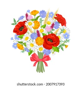 Bouquet of summer wildflowers isolated on white background. Vector floral illustration in cartoon style.