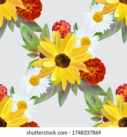 Bouquet of sunflower flower, white chamomile and marigold, amaranth leaves, flower arrangement, seamless pattern, vector illustration