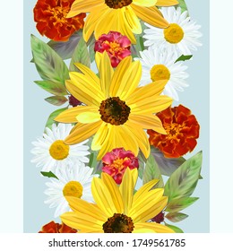 Bouquet of sunflower flower, white chamomile and marigold, amaranth leaves, flower arrangement, border, seamless pattern, vector illustration