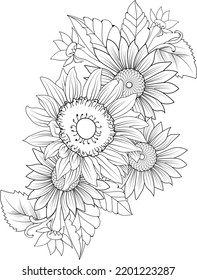 bouquet of sunflower hand drawn botanical leaf branch collection vector sketch ink art, floral coloring book for adult, isolated on white background clip art.