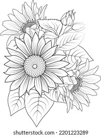 bouquet of sunflower hand drawn botanical leaf branch collection vector sketch ink art, floral coloring book for adult, isolated on white background clip art.