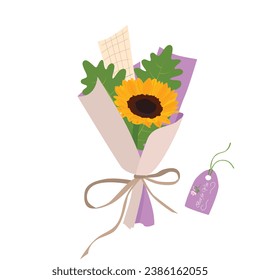 Bouquet of sunflower. Sunflower bouquet vector illustration. Summer flower. Floral bouquet wrapped in gift paper. Gift for special day, celebration day like birthday, teacher day, women day.