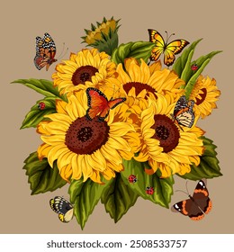 Ramo de girasoles con mariposas. Ilustración vectorial con un ramo de girasoles amarillos y mariposas multicolores sobre un fondo de color.