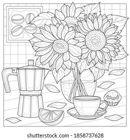 
Bouquet aus Sonnenblumen mit Kaffeemaschine und einer Tasse Kaffee.Farbbuch Antistress für Kinder und Erwachsene.Zen-Dreieck-Stil.Schwarzweiß-Zeichnung