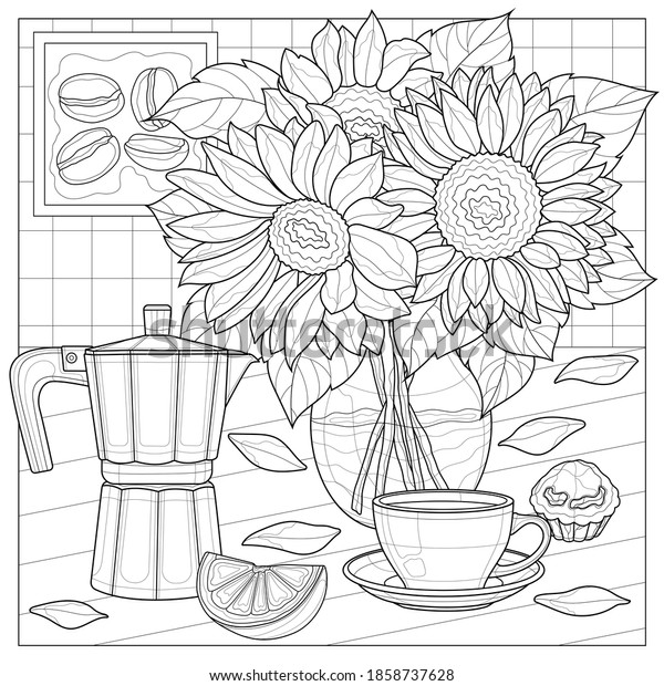 Download Bouquet Sunflowers Coffee Maker Cup Coffeecoloring Stock Vector Royalty Free 1858737628