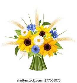 Bouquet of sunflowers, daisies, cornflowers, ears of wheat and leaves isolated on a white background. Vector illustration.
