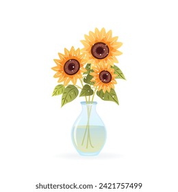 Bouquet of sunflowers. Flowers in vase. isolated vector illustration on white background. Modern art for poster, postcard, banner, card and etc. Vector clip art. Women's Day, Mother's Day.