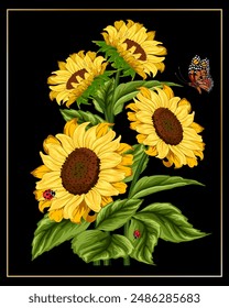 Bouquet of sunflowers and insects.Vector illustration with a bouquet of sunflowers, butterflies and ladybugs on a black background with a gold frame.