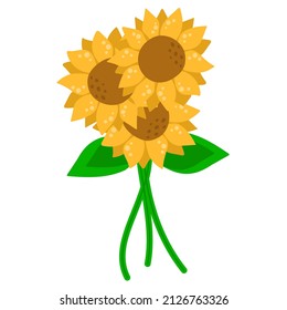 Bouquet of sunflowers isolated, sticker or icon for design decoration, can be used on packaging. Simple flat vector illustration