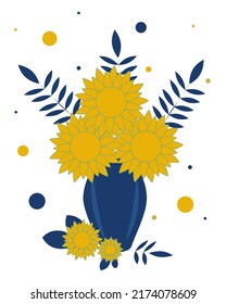 Bouquet of sunflowers and leaves in a flower vase. Vector illustration.