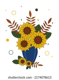 Bouquet of sunflowers and leaves in a flower vase. Vector illustration.